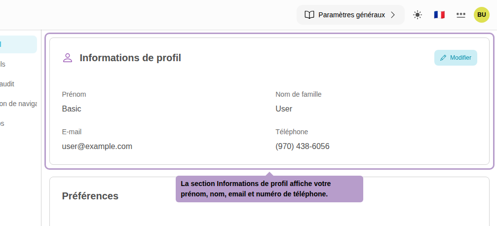 La section Informations de profil affiche votre prénom, nom, email et numéro de téléphone.