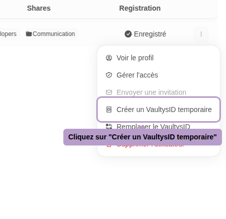 Cliquez sur "Créer un VaultysID temporaire"