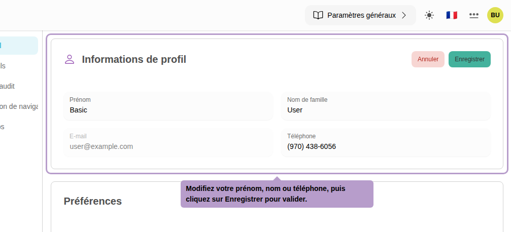 Modifiez votre prénom, nom ou téléphone, puis cliquez sur Enregistrer pour valider.