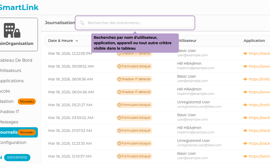 Recherchez par nom d'utilisateur, application, appareil ou tout autre critère visible dans le tableau