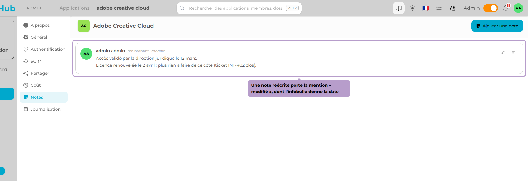 Une note réécrite porte la mention « modifié », dont l'infobulle donne la date