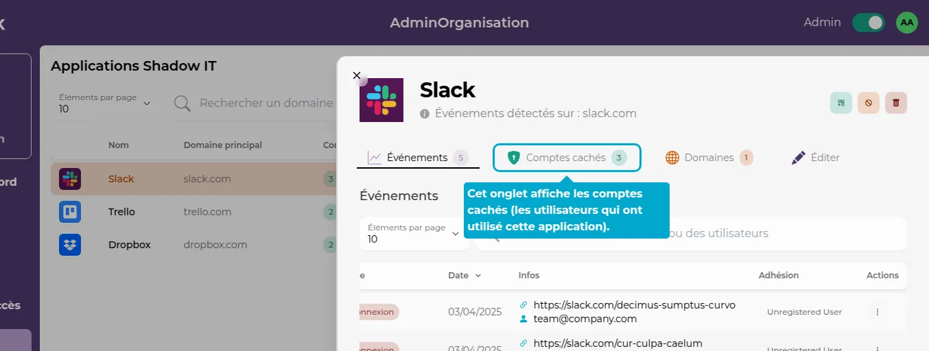 Onglet des comptes cachés