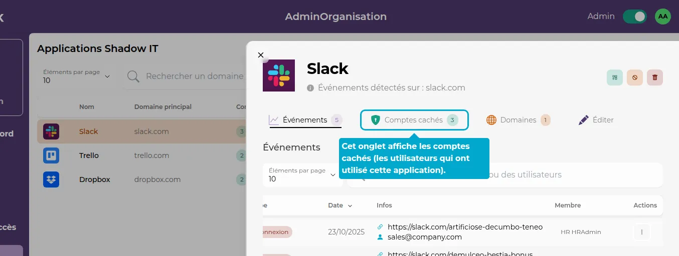 Onglet des comptes cachés