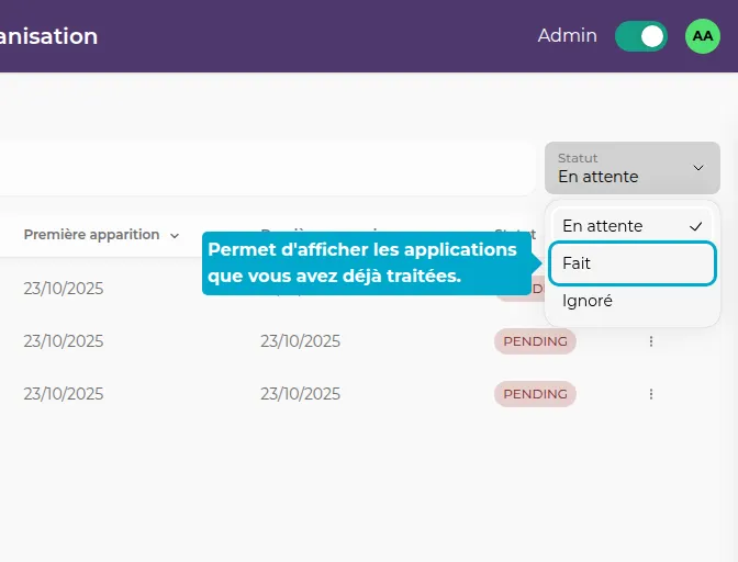 Filtre des applications traitées