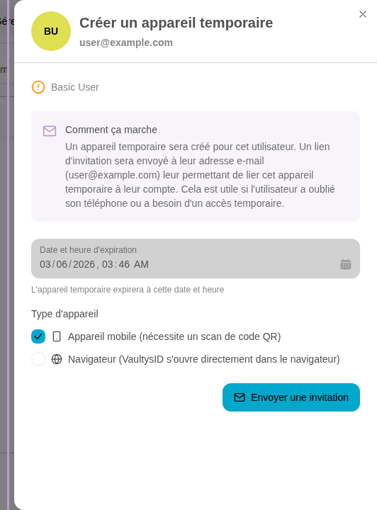 Das Panel zur Erstellung der vorübergehenden VaultysID wird geöffnet