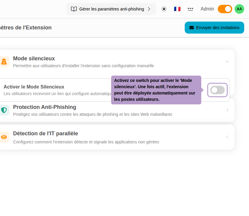 Aktivieren Sie diesen Schalter, um den 'Silent-Modus' zu aktivieren. Nach der Aktivierung kann die Erweiterung automatisch auf Benutzergeräten bereitgestellt werden.