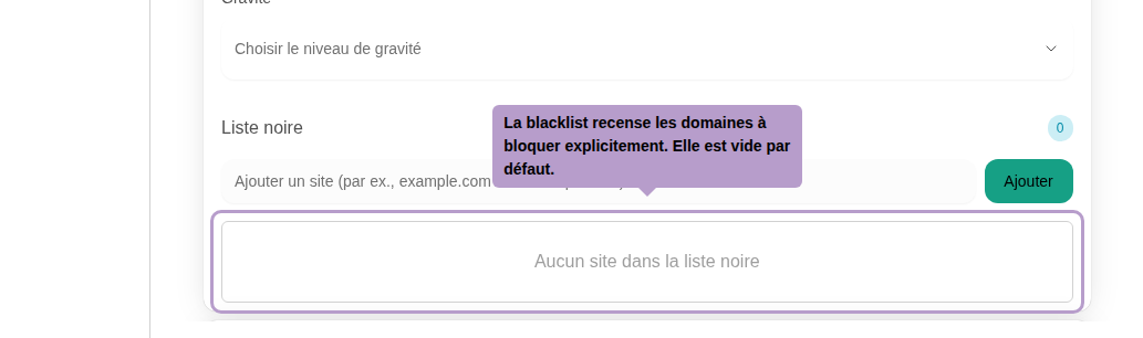 Die Blacklist enthält explizit zu blockierende Domains. Sie ist standardmäßig leer.