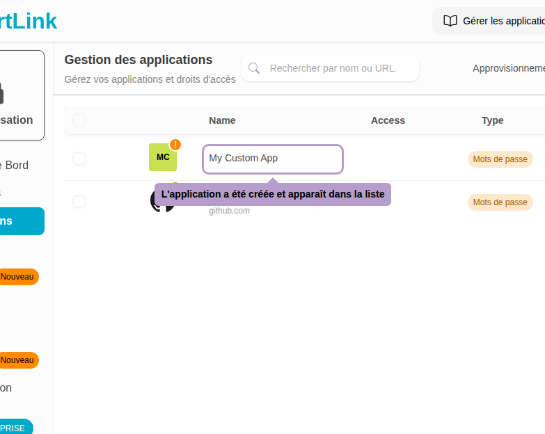 Die Anwendung wurde erstellt und erscheint in der Liste