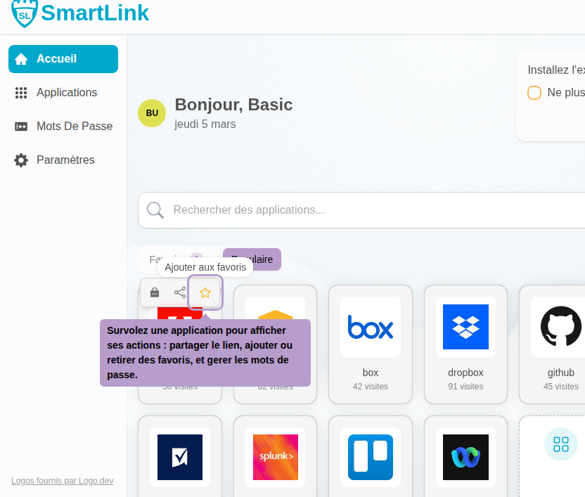 Bewegen Sie den Mauszeiger über eine Anwendung, um deren Aktionen anzuzeigen: Link teilen, zu Favoriten hinzufügen oder entfernen und Passwörter verwalten.