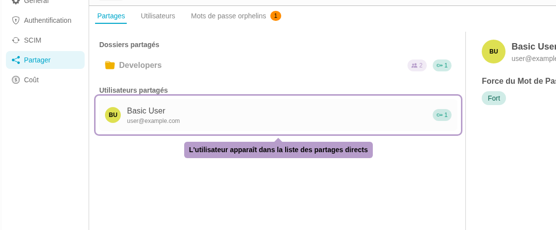 Der Benutzer wird in der Liste der direkten Freigaben angezeigt