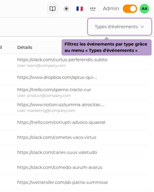 Filter events by type using the "Event Types" menu