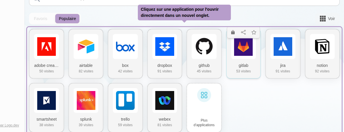 Click on an application to open it directly in a new tab.