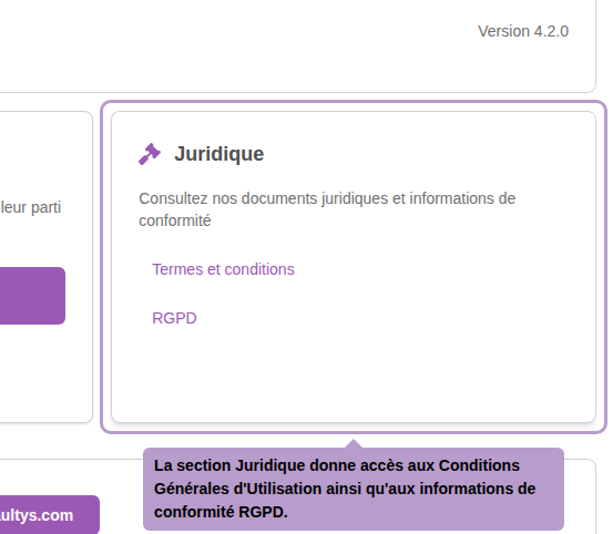 The Legal section provides access to the Terms of Use and GDPR compliance information.