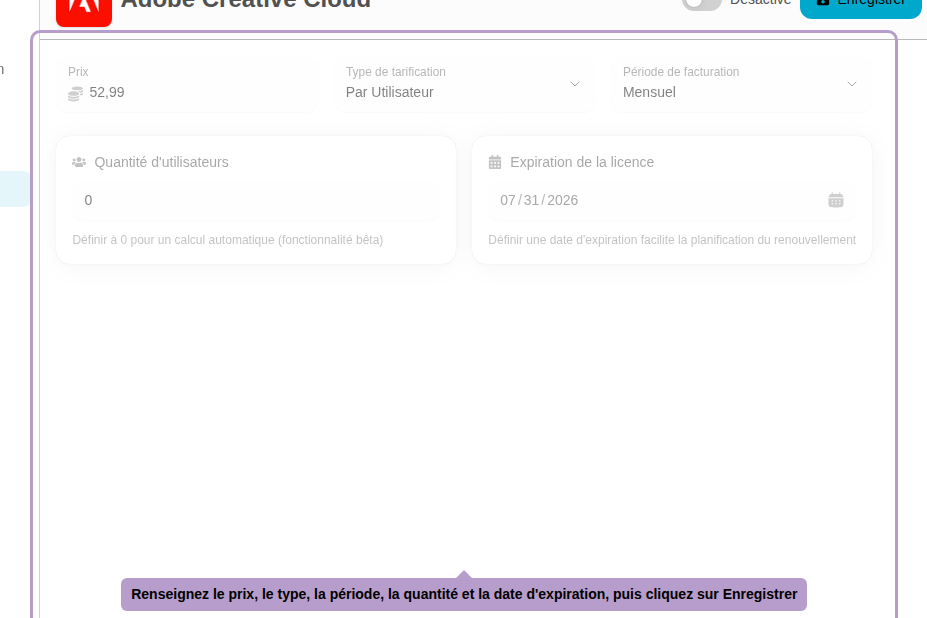 Fill in the price, type, period, quantity, and expiration date, then click Save