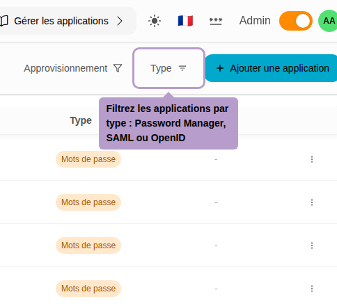 Filter applications by type: Password Manager, SAML, or OpenID