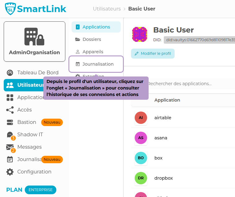 From a user's profile, click on the "Journalization" tab to view the history of their logins and actions