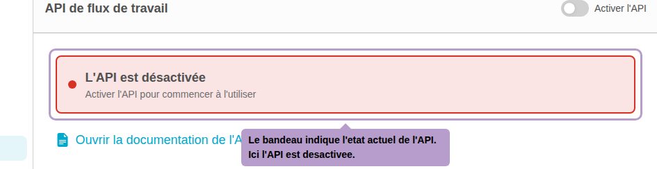 The banner indicates the current state of the API. Here the API is disabled.