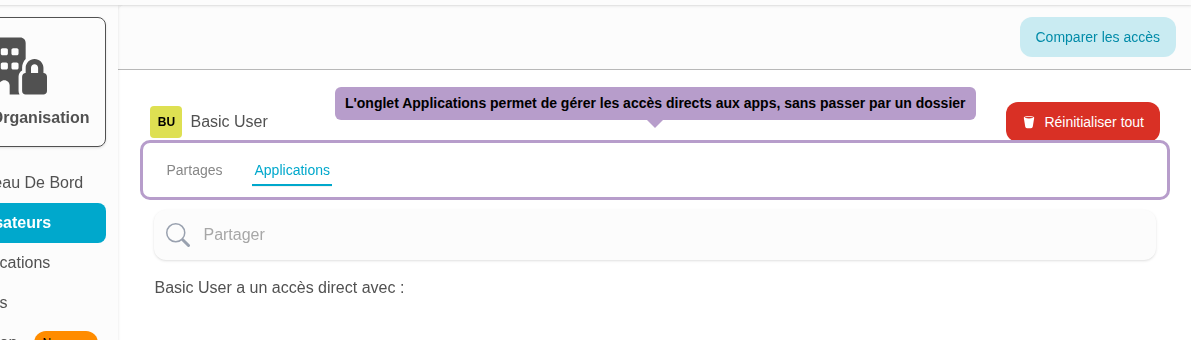 The Applications tab allows for managing direct access to apps, without going through a folder