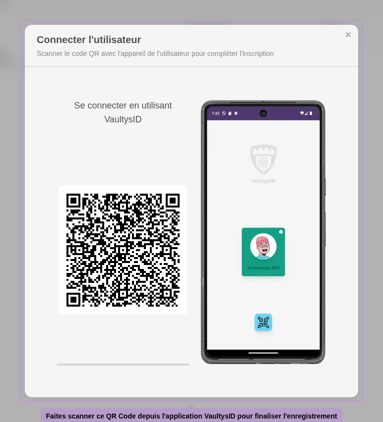 Have this QR Code scanned from the VaultysID application to complete registration