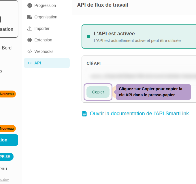 Click Copy to copy the API key to the clipboard