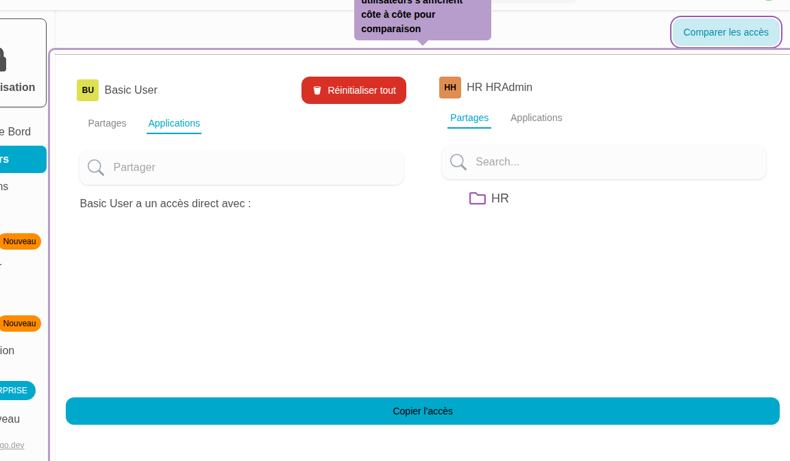 Both users' access are displayed side by side for comparison