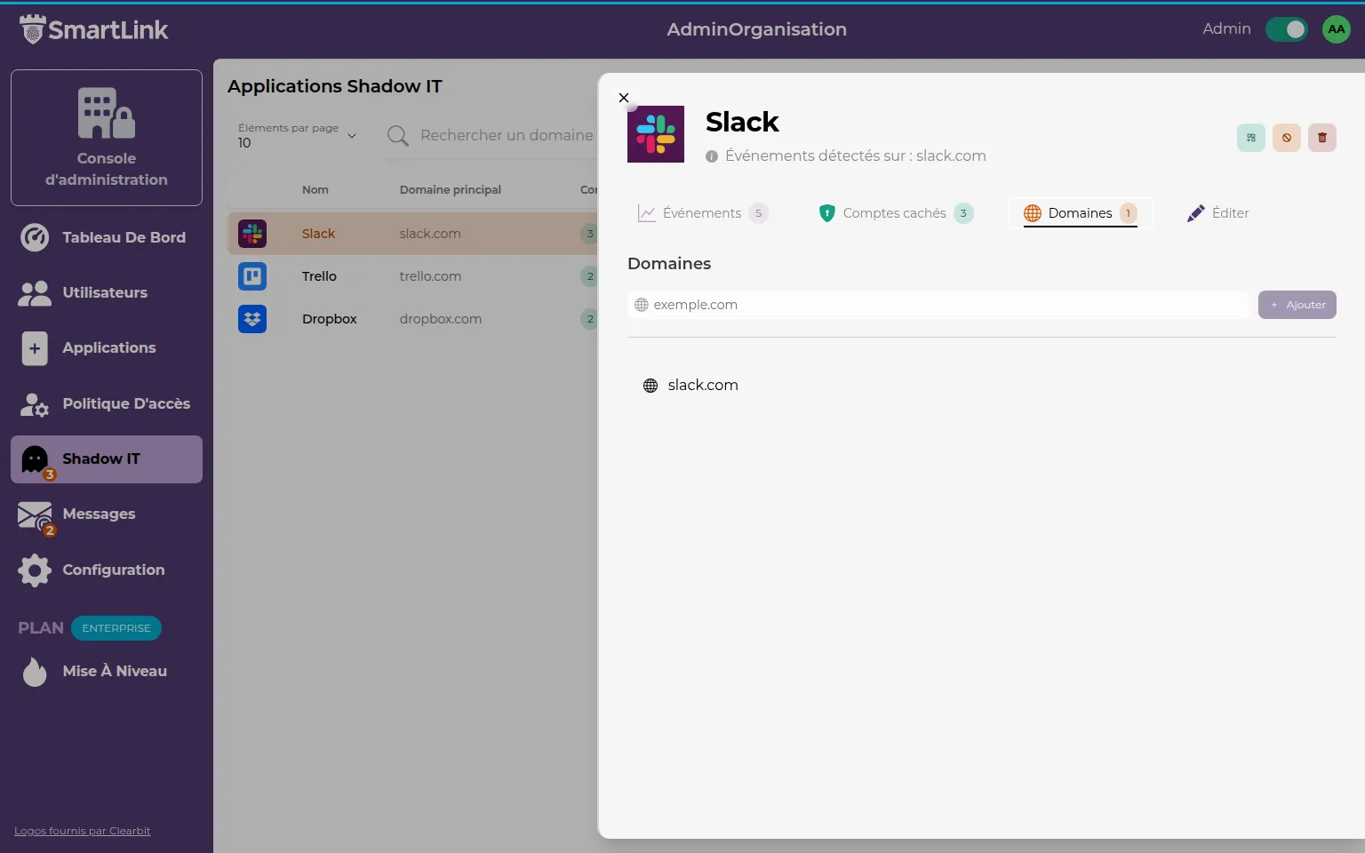 Content of the domains tab