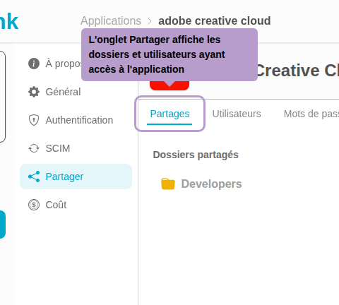 分享选项卡显示了可以访问该应用程序的文件夹和用户