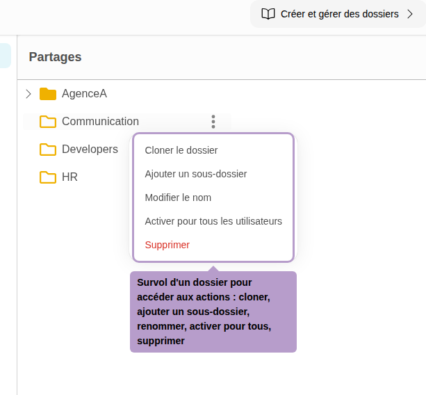 悬停在文件夹上以访问操作：克隆、添加子文件夹、重命名、为所有用户启用、删除