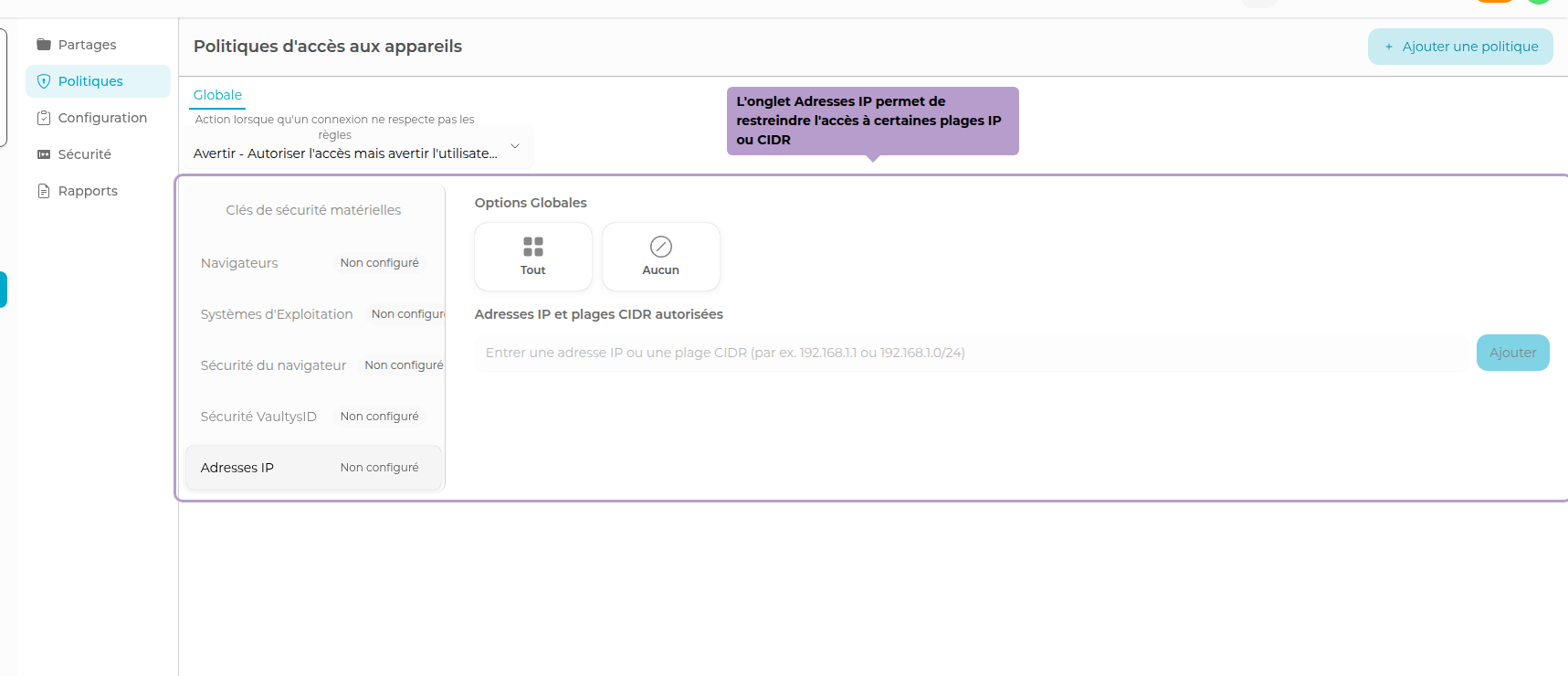 IP 地址选项卡可限制访问特定 IP 范围或 CIDR