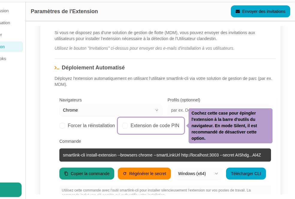 选中此框以将扩展程序固定到浏览器工具栏。在沉默模式下，建议禁用此选项以使扩展程序对用户不可见。