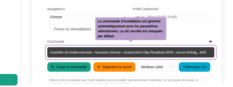 根据所选参数自动生成安装命令。默认情况下，密钥已隐藏。